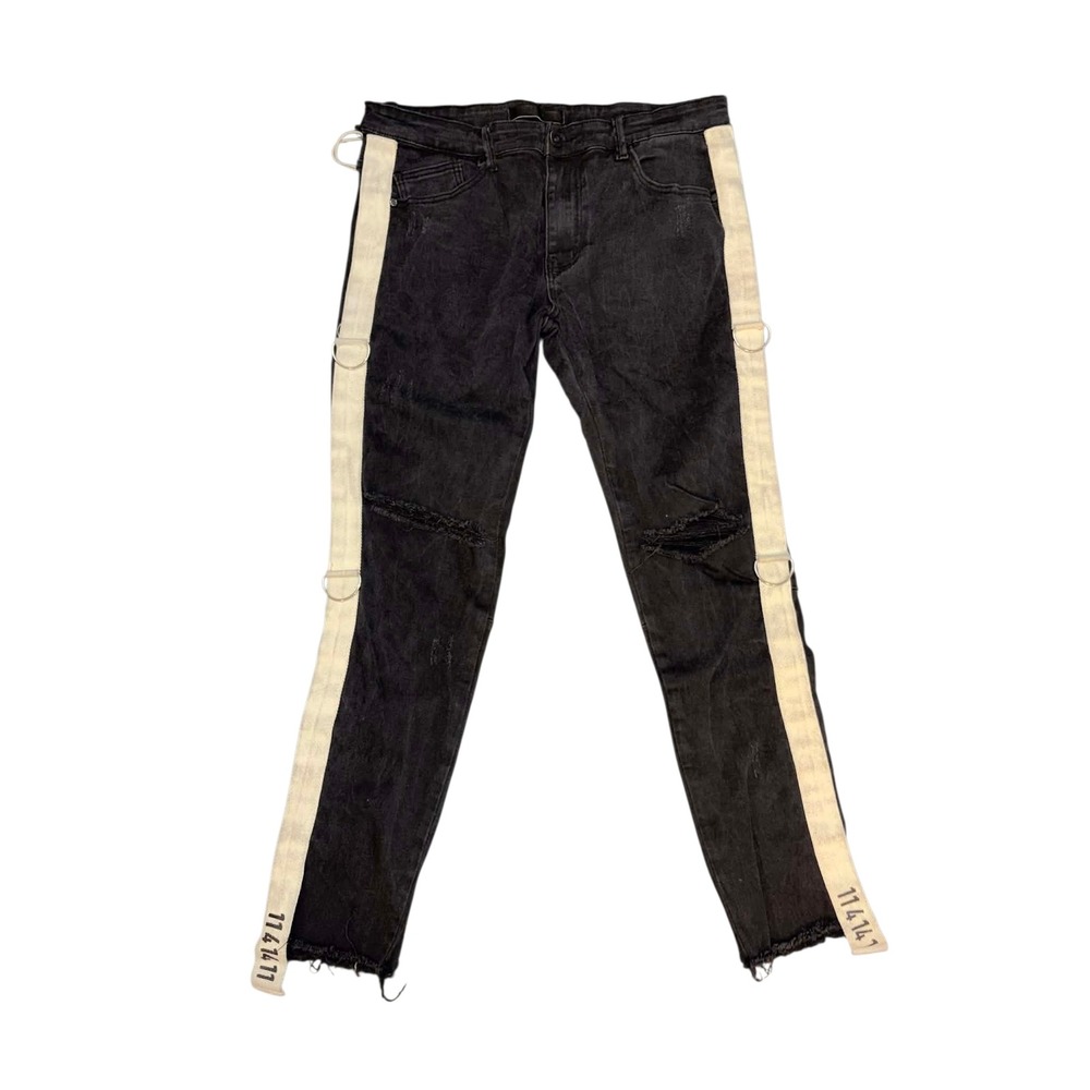 KDNK Mens Black Distressed Side Stripe Slim Fit Jeans D-Ring Raw Hem Size 38